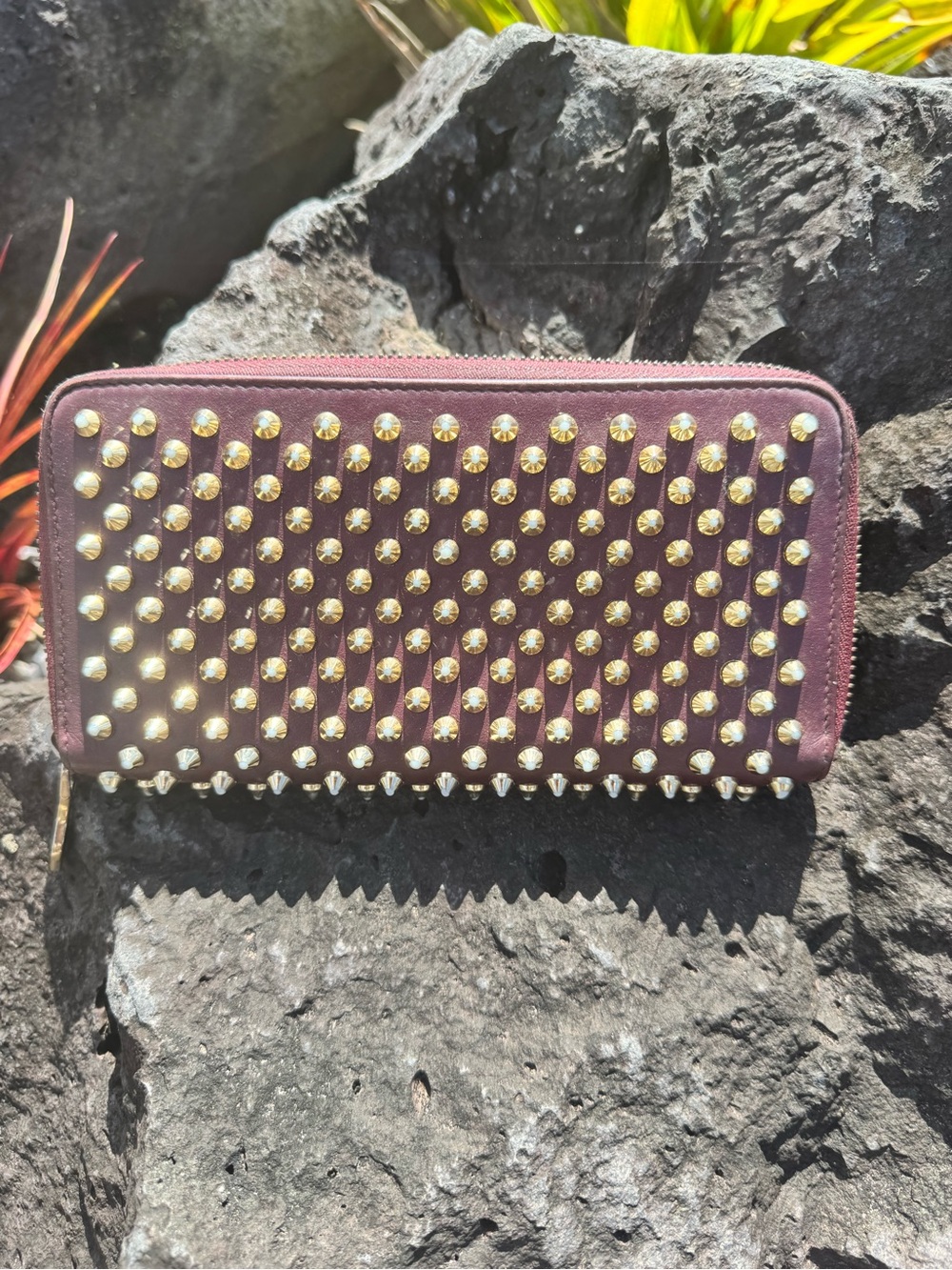 Christian Louboutin Panettone Studded Zip Around Wallet Burgundy Red Leather